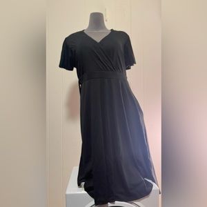 NEMIDOR Size 16 Black V-Neck Short Sleeve Flowing Dress w/ Belt— AND Pockets! 🙌